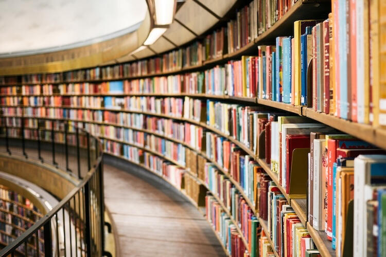 Winding walkway with bookshelves